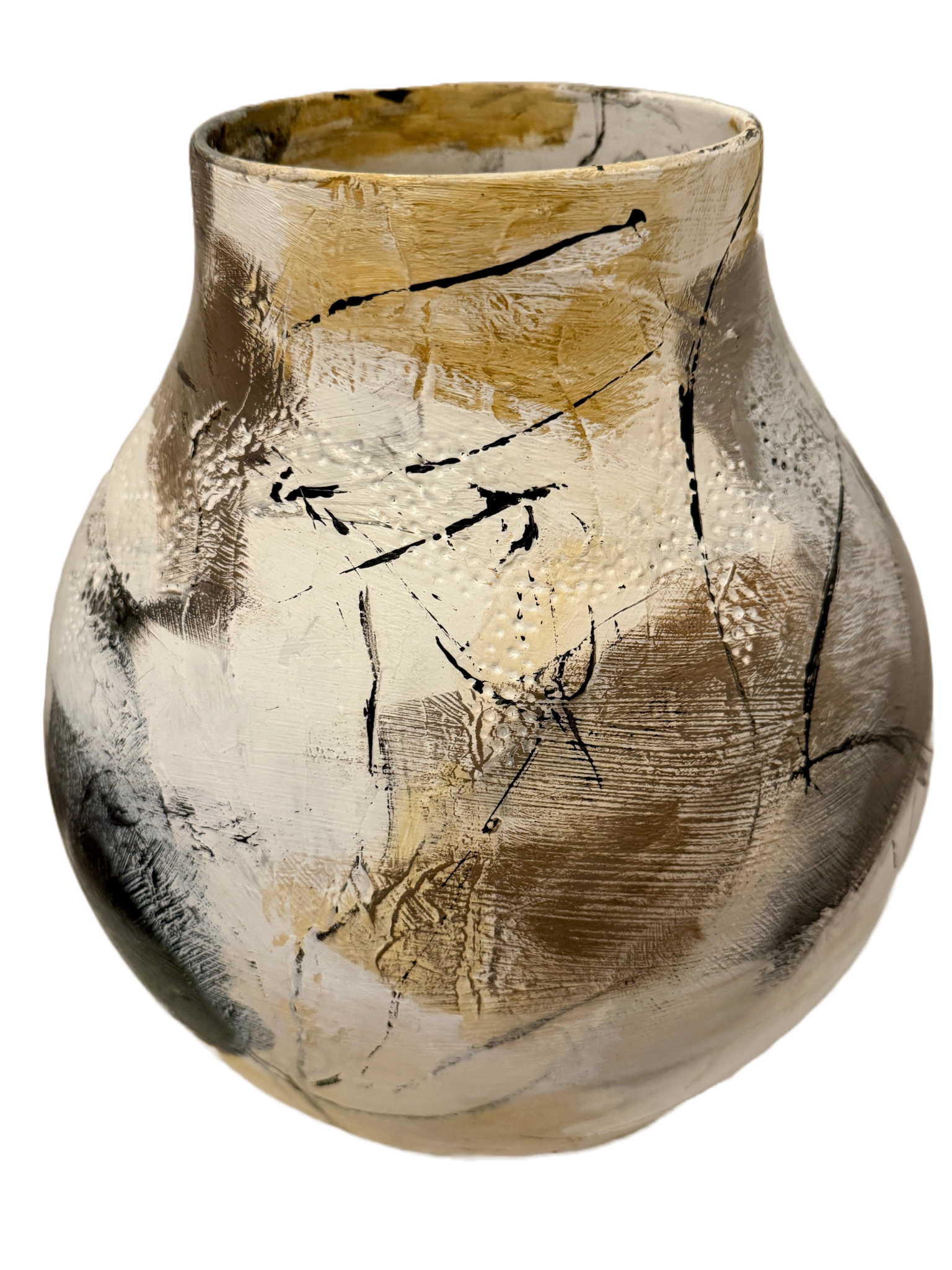 Vintage designer vase by Hella Jongerius, featuring original abstract hand-painted artwork in yellow, beige, white and black by Danish artist Anitta Jonas. Textured surface with delicate lines created using a pheasant feather. The artist painted the vase but did not create its original design.