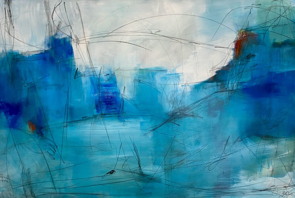 Abstract painting “Across the Blue” with layered blue tones, loose lines and small contrasts by Danish Artist Anitta Jonas
