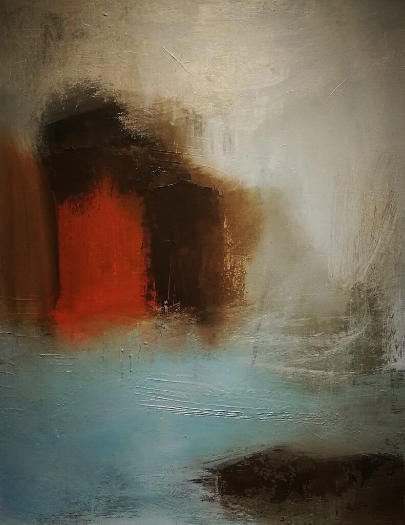 Abstract painting “The Red Gate” with a strong red form, muted colours and a layered surface by Danish Artist Anitta Jonas