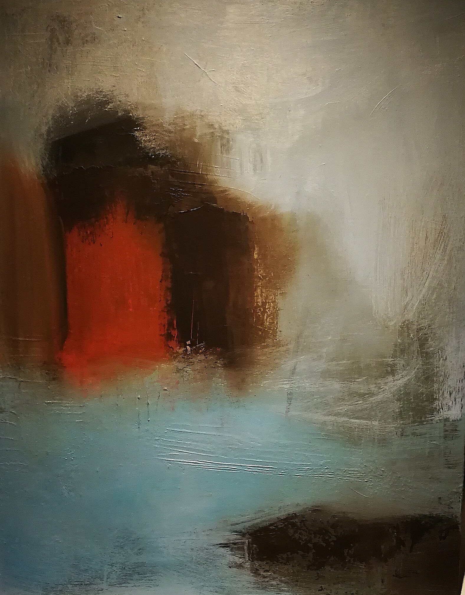 Abstract painting “The Red Gate” with a strong red form, muted colours and a layered surface by Danish Artist Anitta Jonas