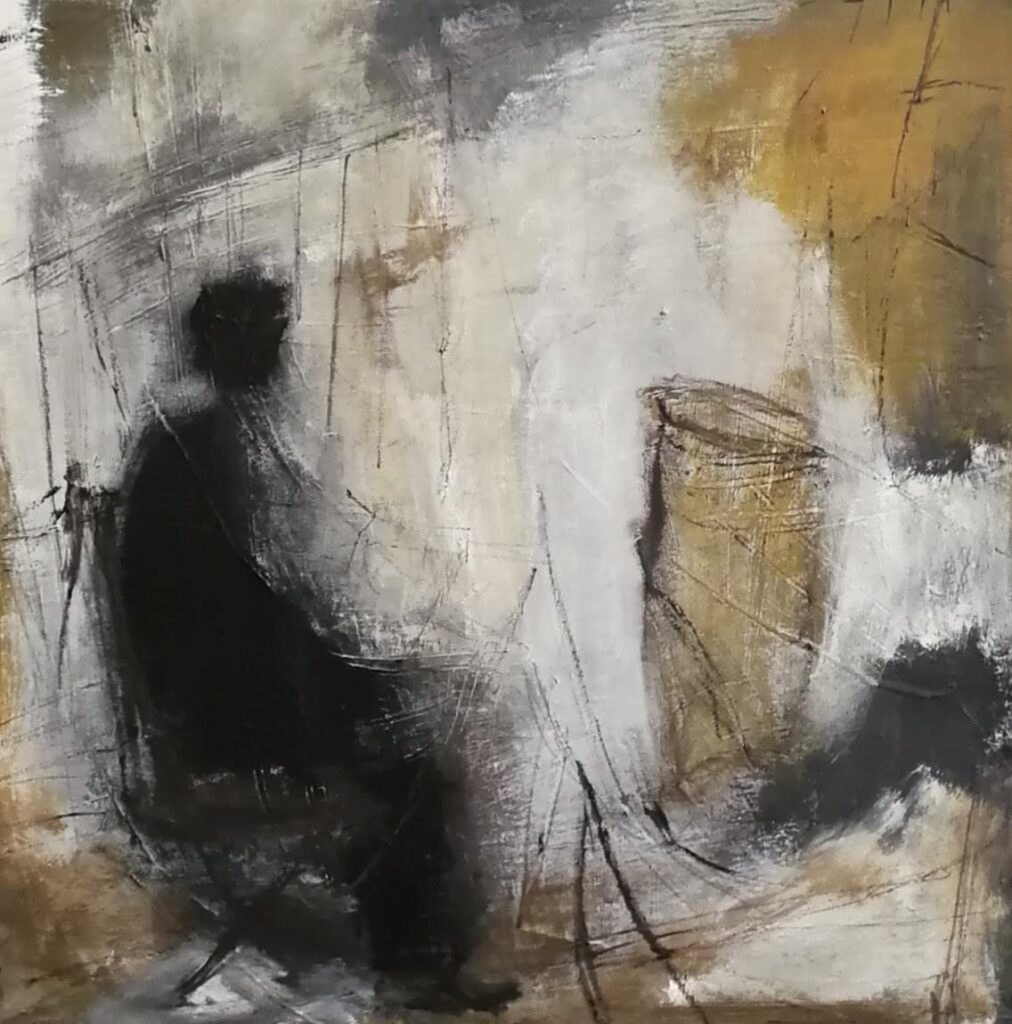 Abstract-figurative painting “Street Musician” with a solitary figure, restrained colours and loose lines by Danish Artist Anitta Jonas
