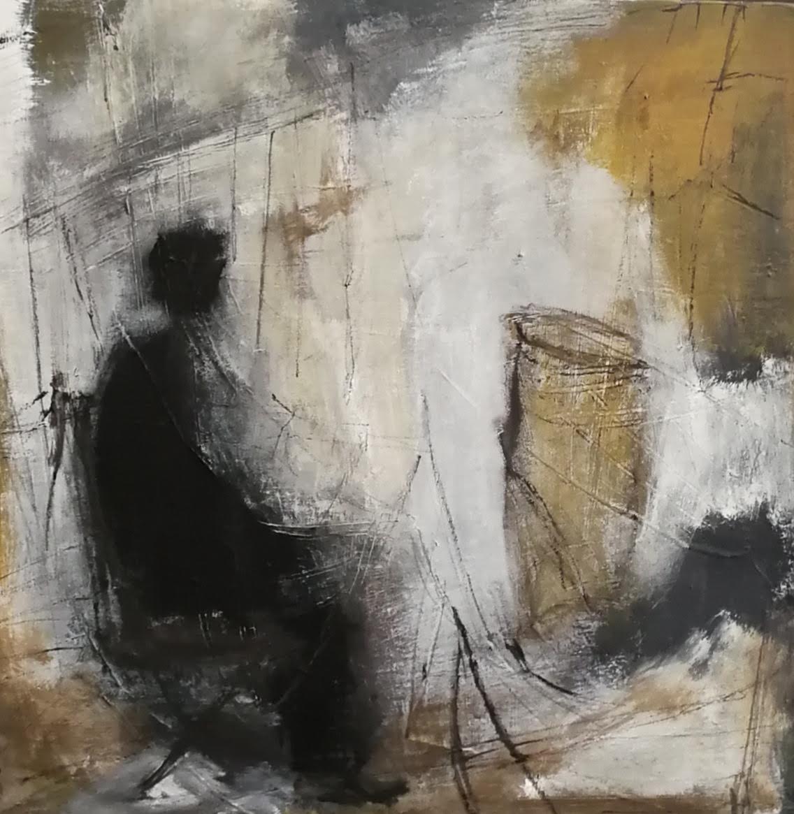 Abstract-figurative painting “Street Musician” with a solitary figure, restrained colours and loose lines by Danish Artist Anitta Jonas