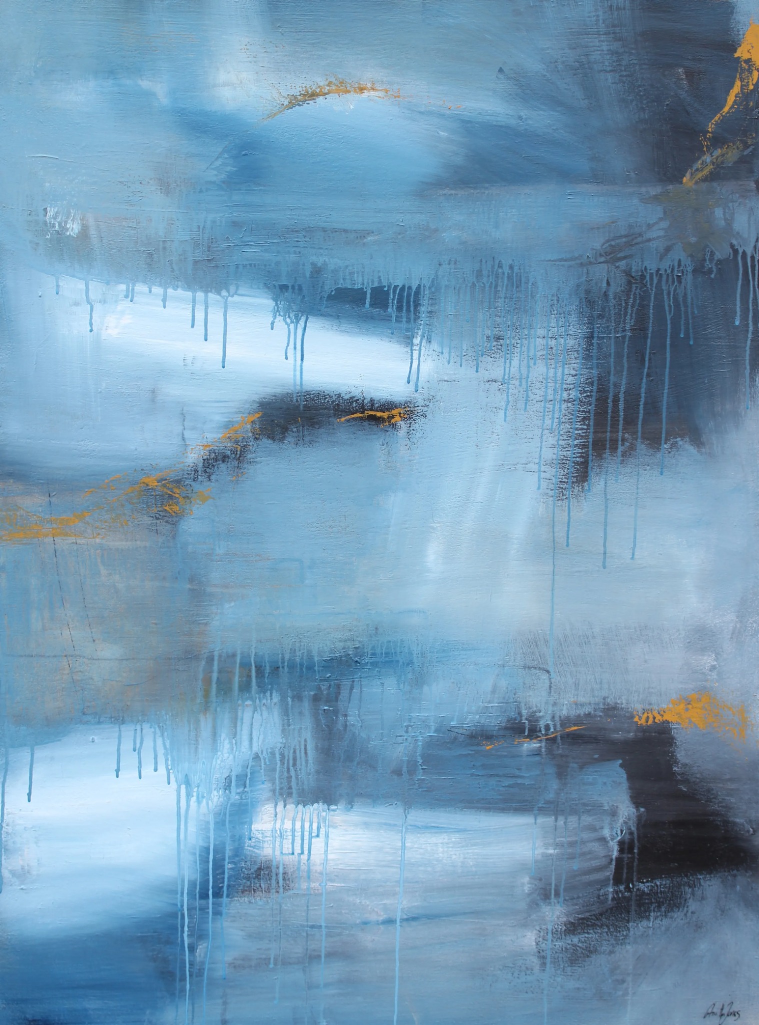 Abstract painting “Blue Silence” with layered blues, shadow and ochre accents by Danish Artist Anitta Jonas