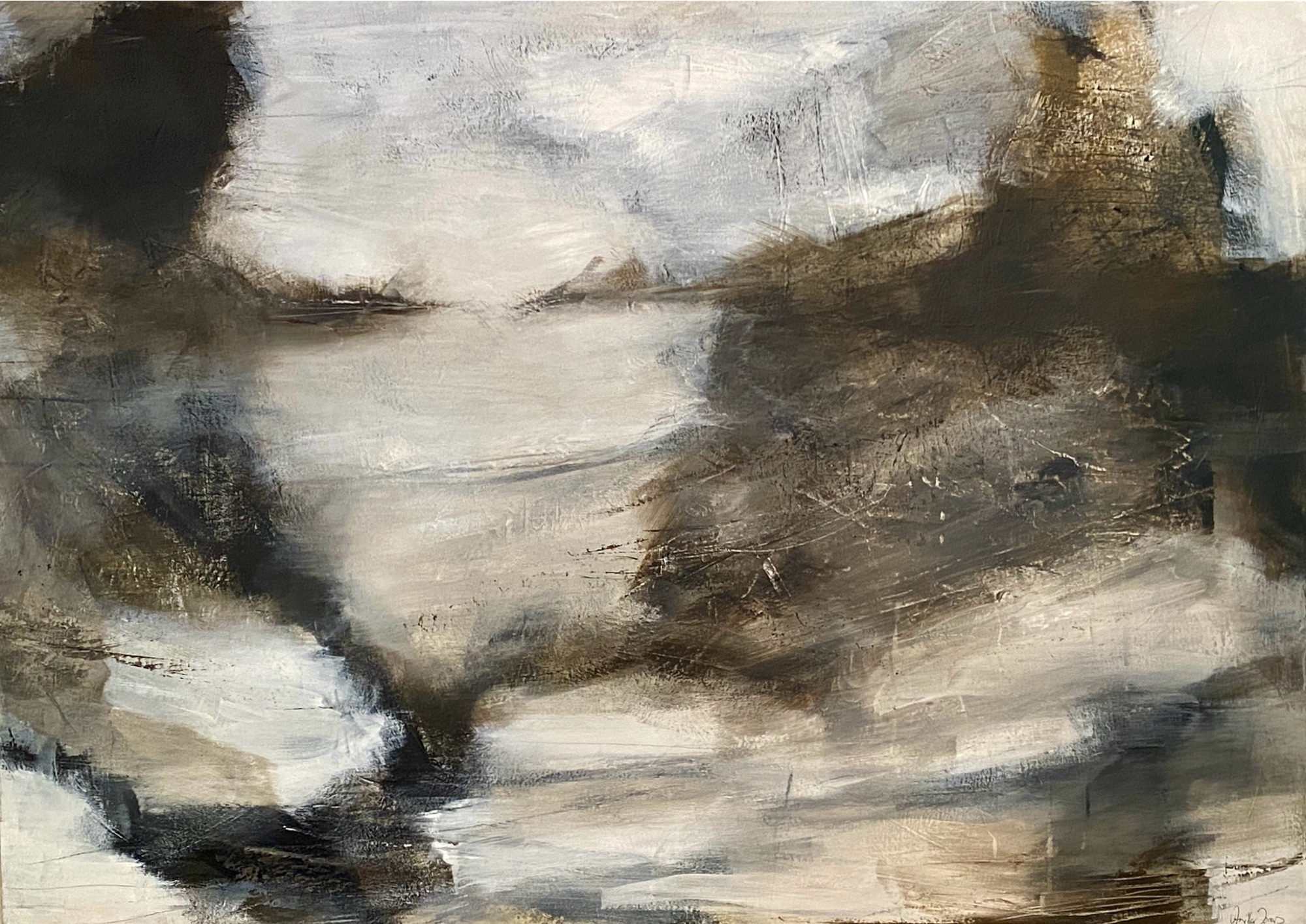Abstract landscape painting “The Riverbank” with a limited palette and light-dark contrasts by Danish Artist Anitta Jonas