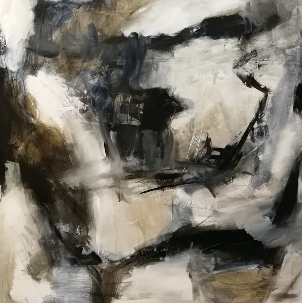 Abstract painting “Beyond the Silence” with dark restless forms and a passage of light by Danish Artist Anitta Jonas