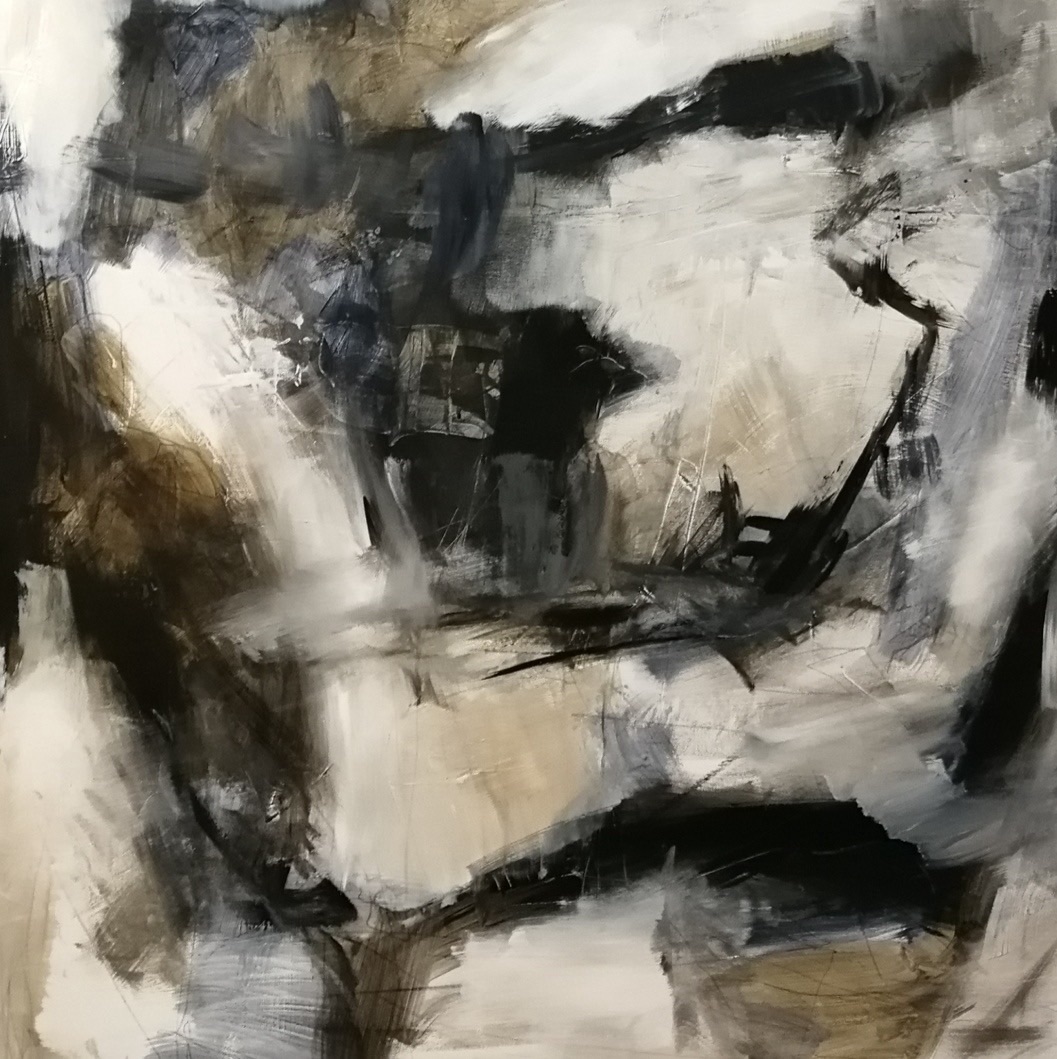 Abstract painting “Beyond the Silence” with dark restless forms and a passage of light by Danish Artist Anitta Jonas