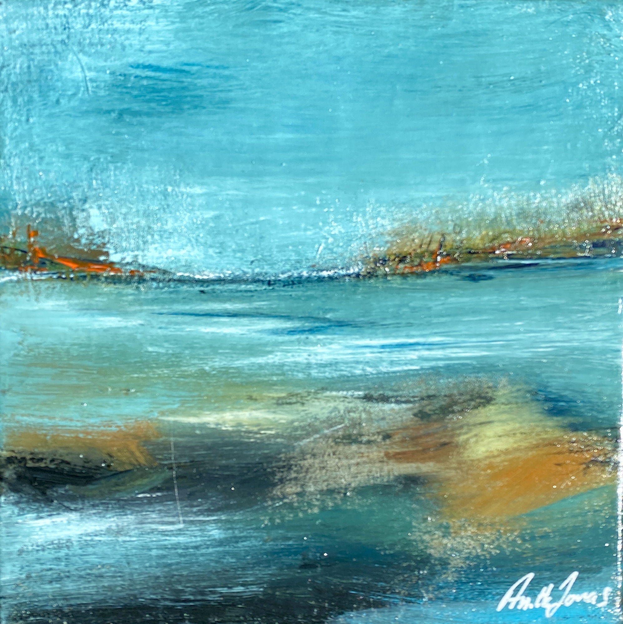 Small abstract painting “Summer Tide” concentrating colour, light and atmosphere by Danish Artist Anitta Jonas