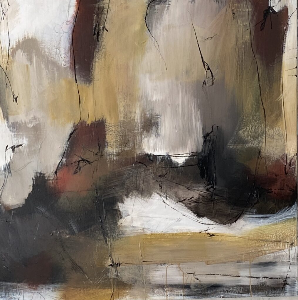 Abstract painting “Traces of Autumn” with earthy colours, layered lines and dynamic movement by Danish Artist Anitta Jonas