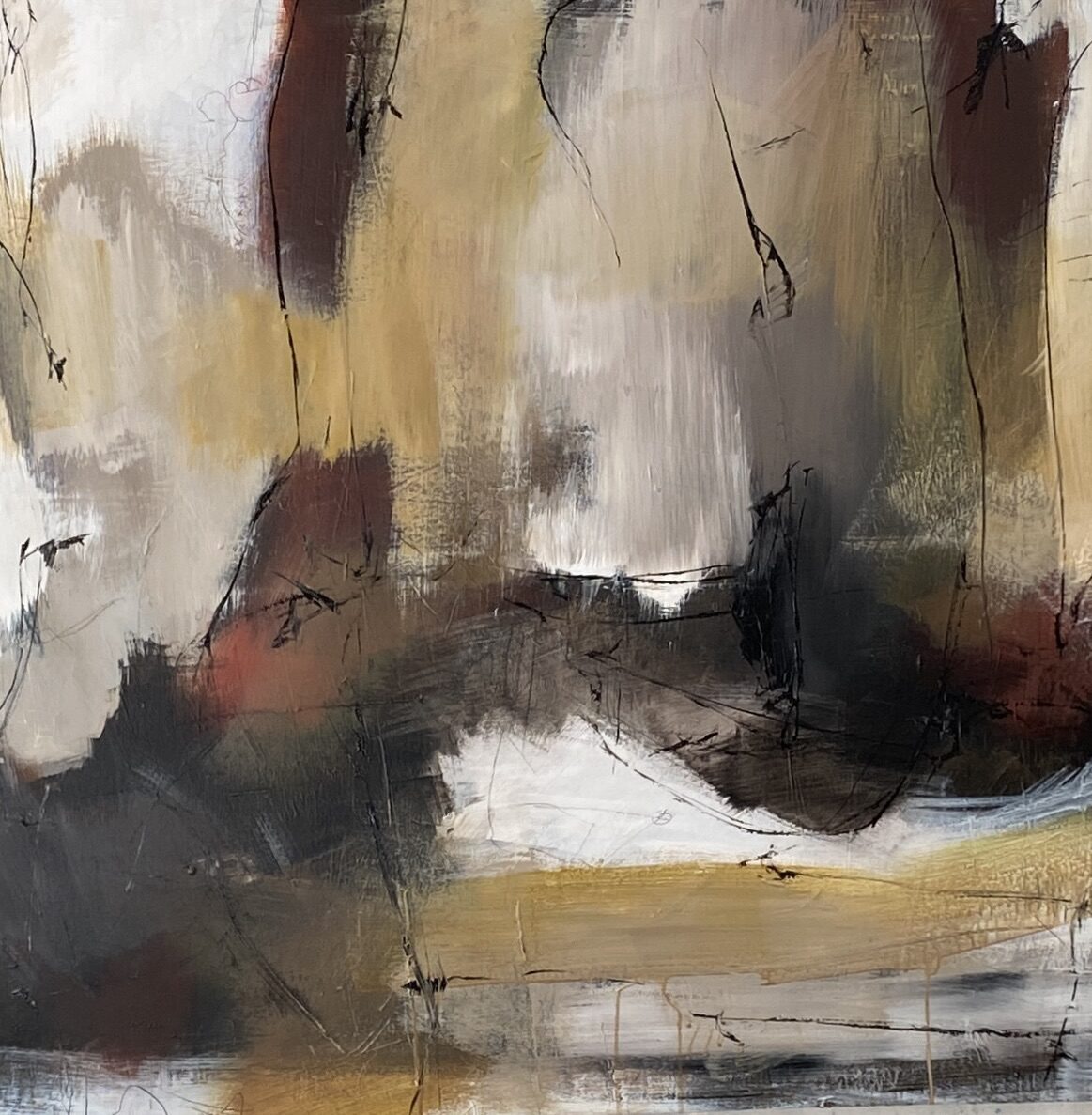 Abstract painting “Traces of Autumn” with earthy colours, layered lines and dynamic movement by Danish Artist Anitta Jonas
