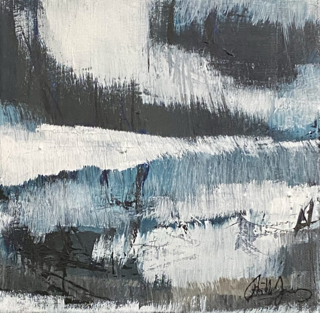 Abstract winter landscape “Winter Crossing” in Payne’s Grey, black, white and brown by Danish Artist Anitta Jonas