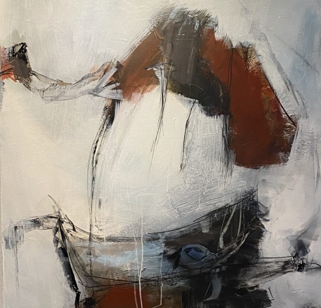 Abstract-figurative painting “Stormbound” with a small empty boat beneath a large dark form by Danish Artist Anitta Jonas