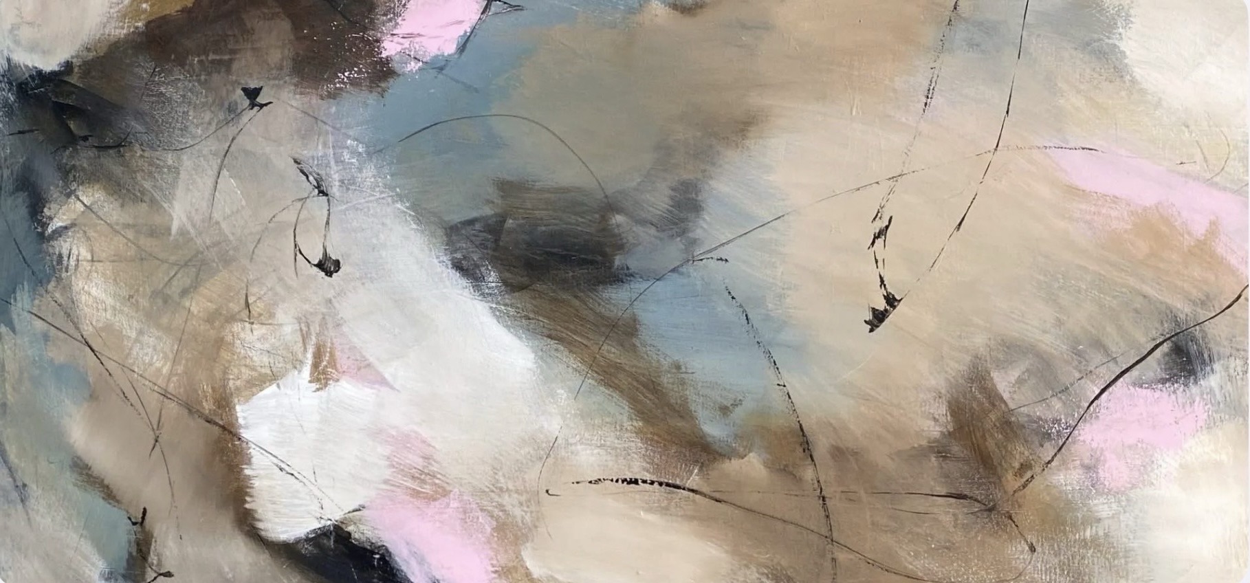 Abstract painting “Weightless” in soft pink, earthy tones and muted blues with feather-drawn lines by Danish Artist Anitta Jonas