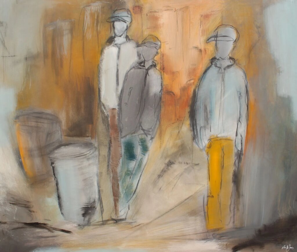 Abstract-figurative painting “Steel Drums” with young people gathered beside the instruments by Danish Artist Anitta Jonas
