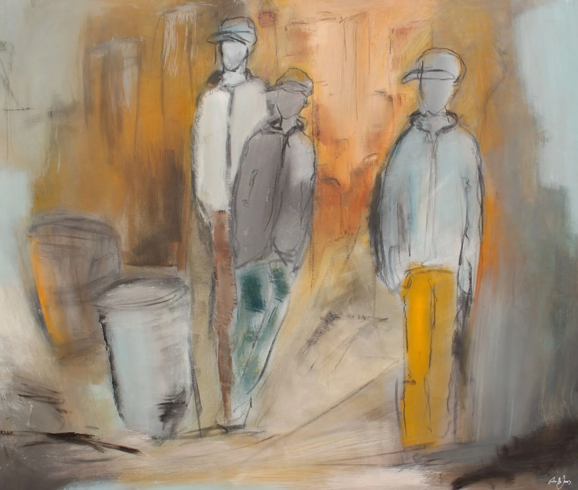Abstract-figurative painting “Steel Drums” with young people gathered beside the instruments by Danish Artist Anitta Jonas