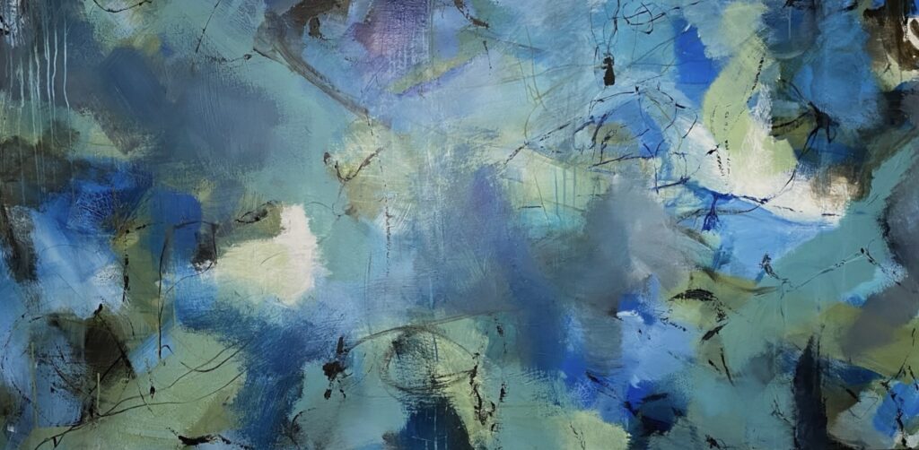 Abstract painting “Into the Deep” with layered blue, turquoise and soft green tones by Danish Artist Anitta Jonas