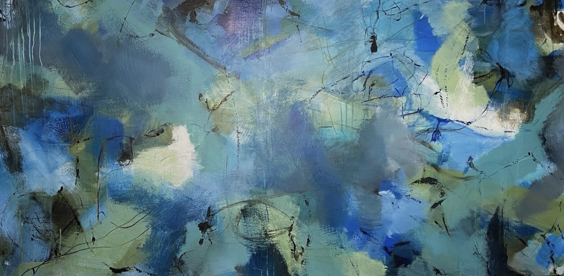 Abstract painting “Into the Deep” with layered blue, turquoise and soft green tones by Danish Artist Anitta Jonas
