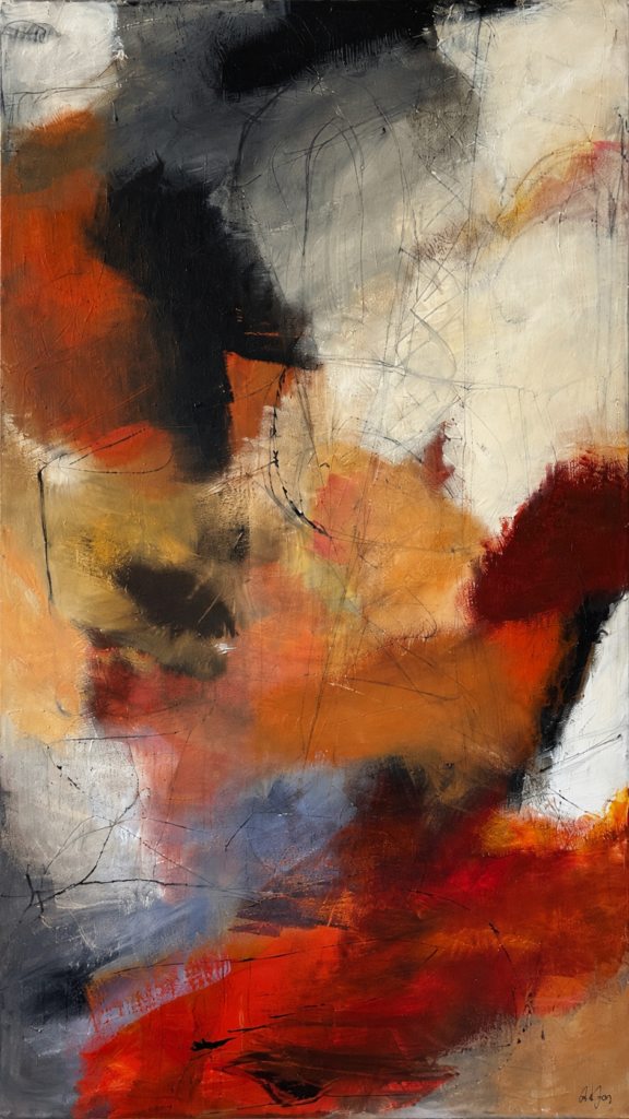 Abstract painting in burnt red, orange, ochre, black and grey tones by Danish Artist Anitta Jonas
