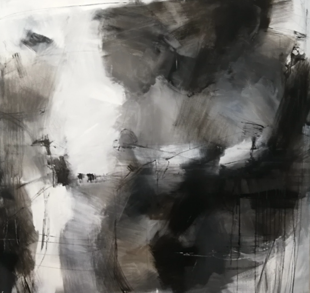 Danish Artist Anitta Jonas – They Were Already There, abstract figurative painting with small figures, monumental forms and layered muted earth tones.