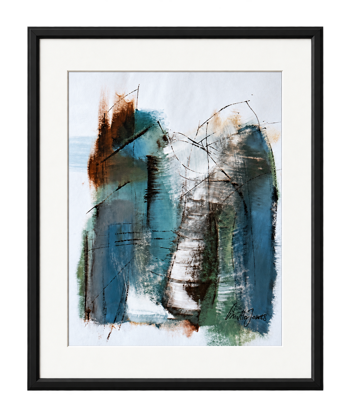 Connections, a framed abstract work on paper in blue-grey and earthy brown tones by Danish Artist Anitta Jonas