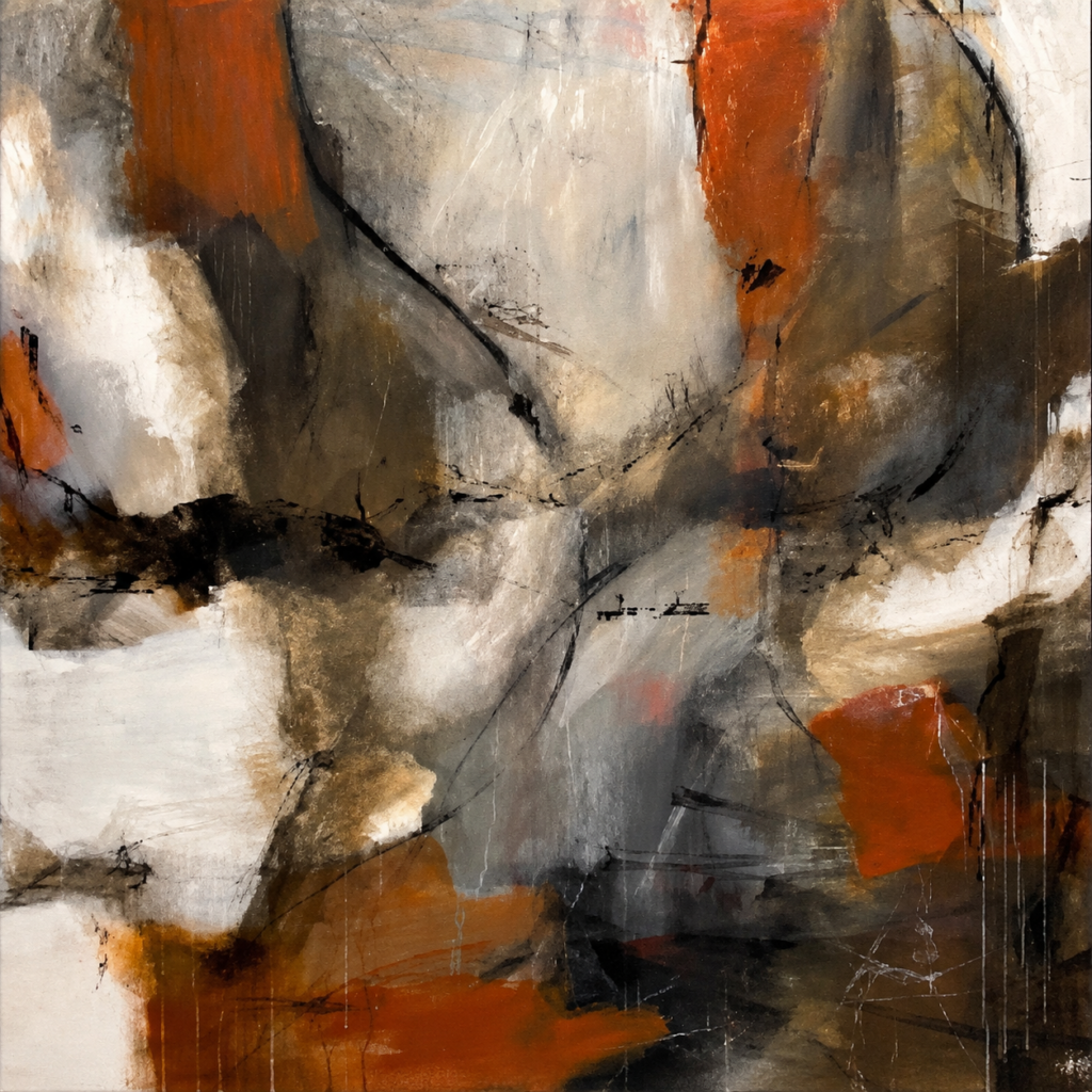 Silent Tension, 150 × 150 abstract painting in brown, beige, black and white by Danish Artist Anitta Jonas