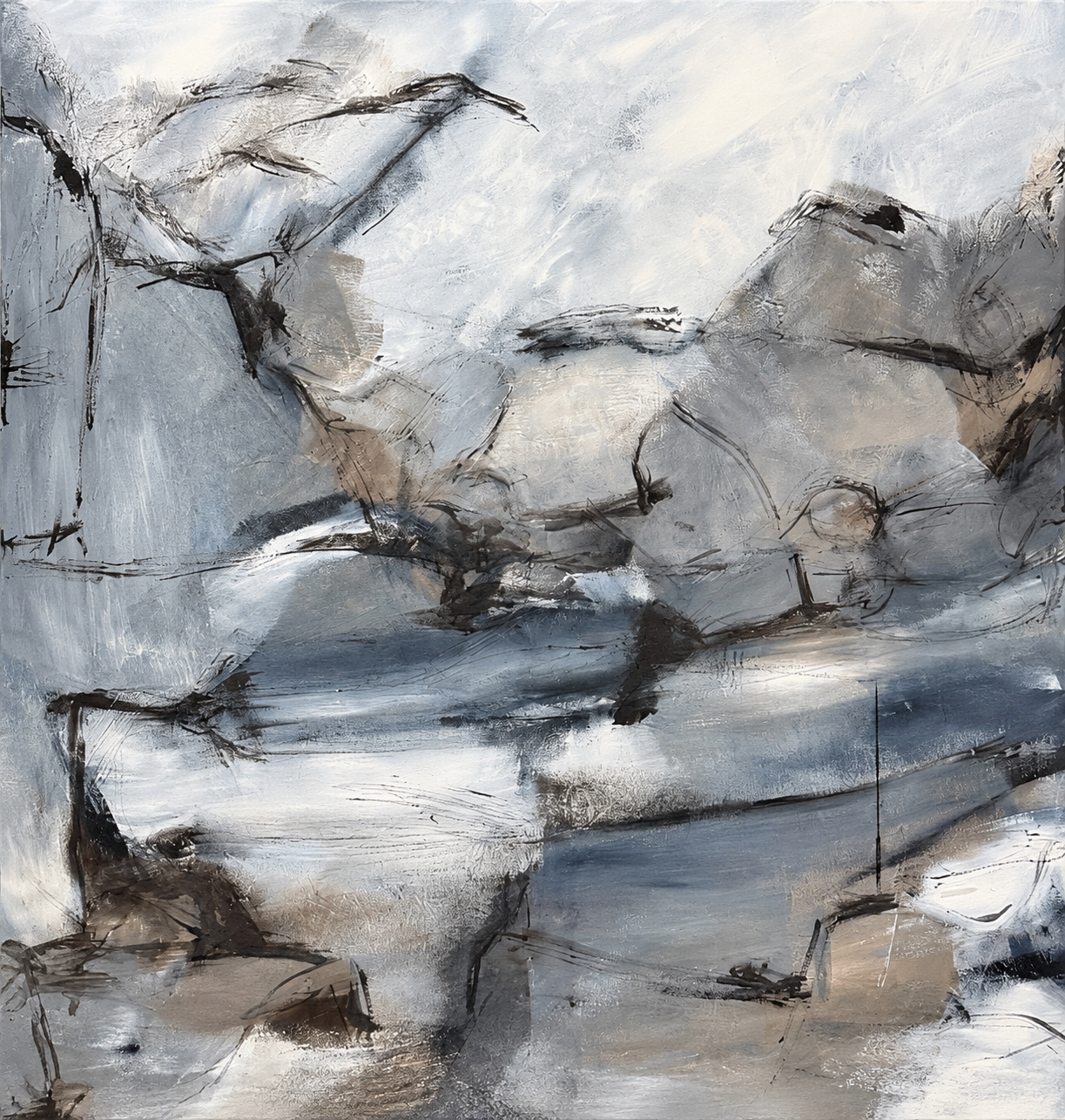 Abstract landscape painting in black, white and Burnt Umber by Danish Artist Anitta Jonas