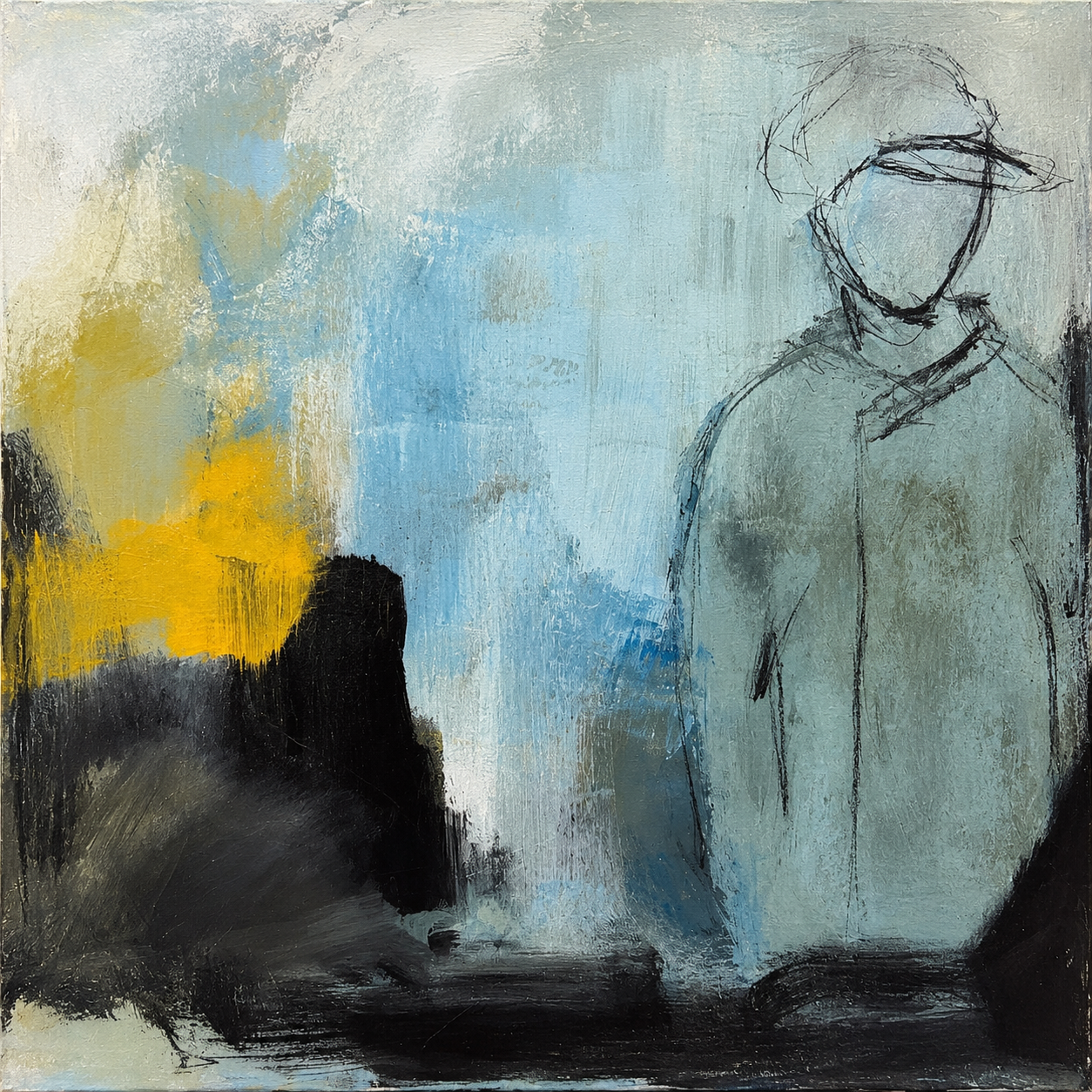 Abstract-figurative painting “The Wanderer” with a solitary figure, muted colours and a touch of yellow by Danish Artist Anitta Jonas