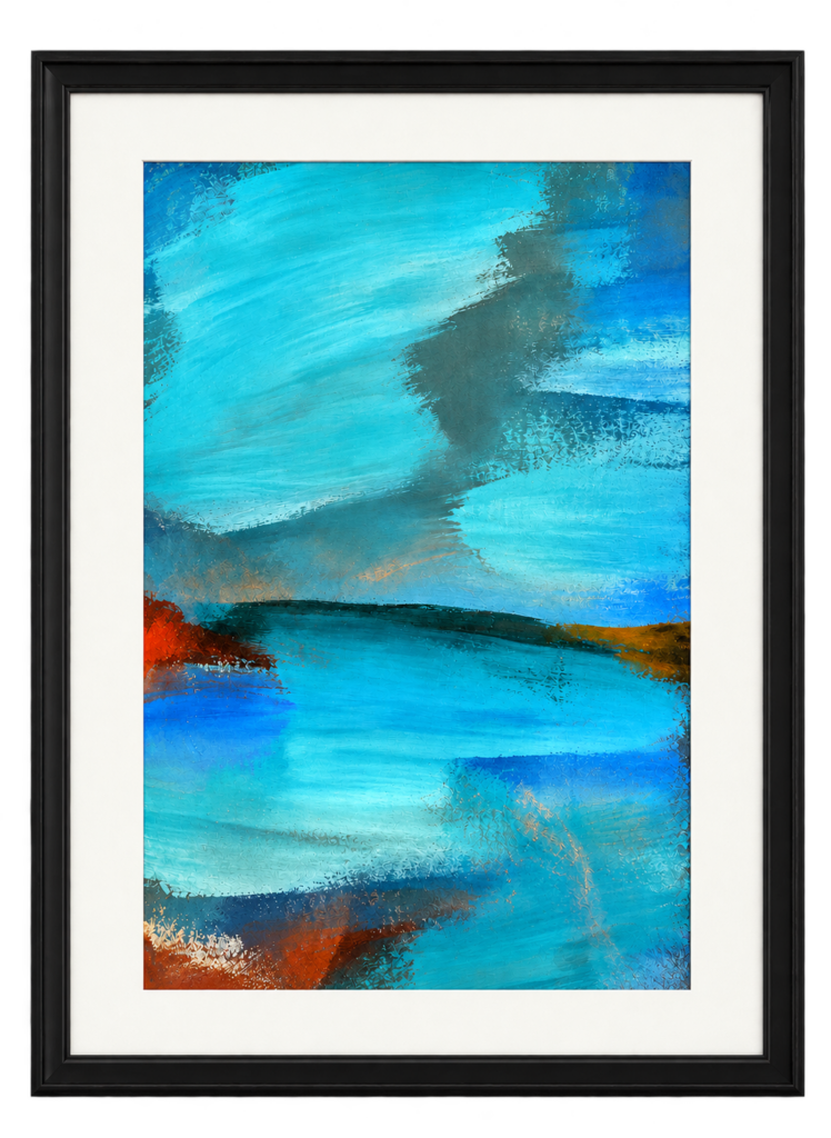 Small abstract landscape-like painting “Blue Passage” with layered colour contrasts by Danish Artist Anitta Jonas