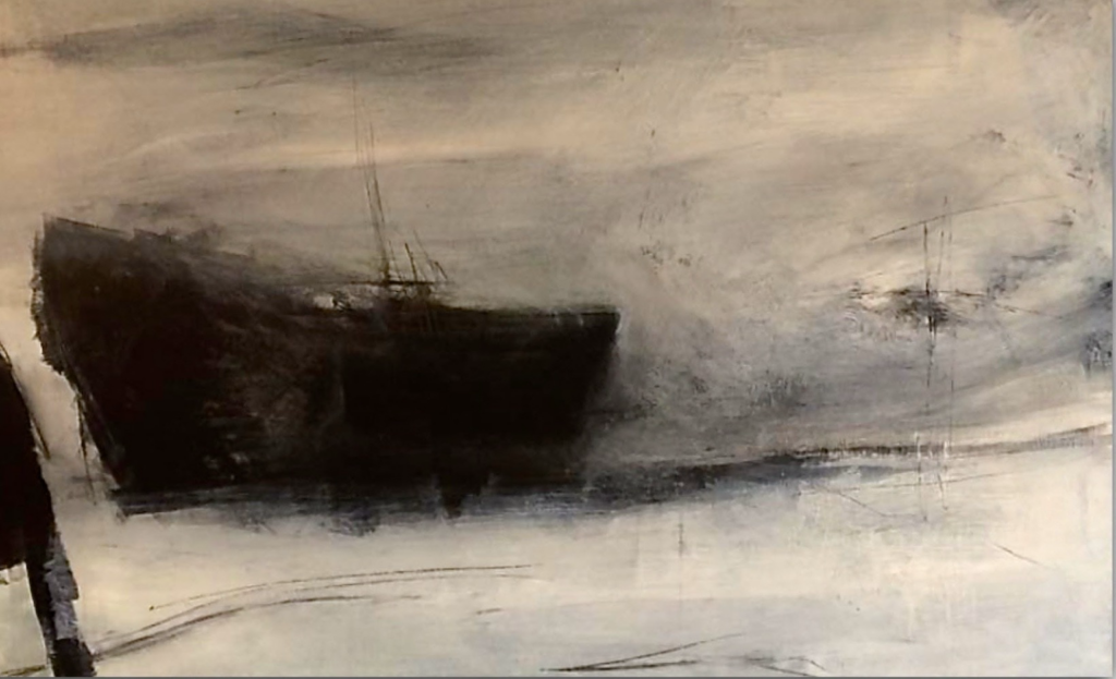 Abstract painting with a dark horizontal form and fine linear marks across a muted grey and cream surface by Danish Artist Anitta Jonas