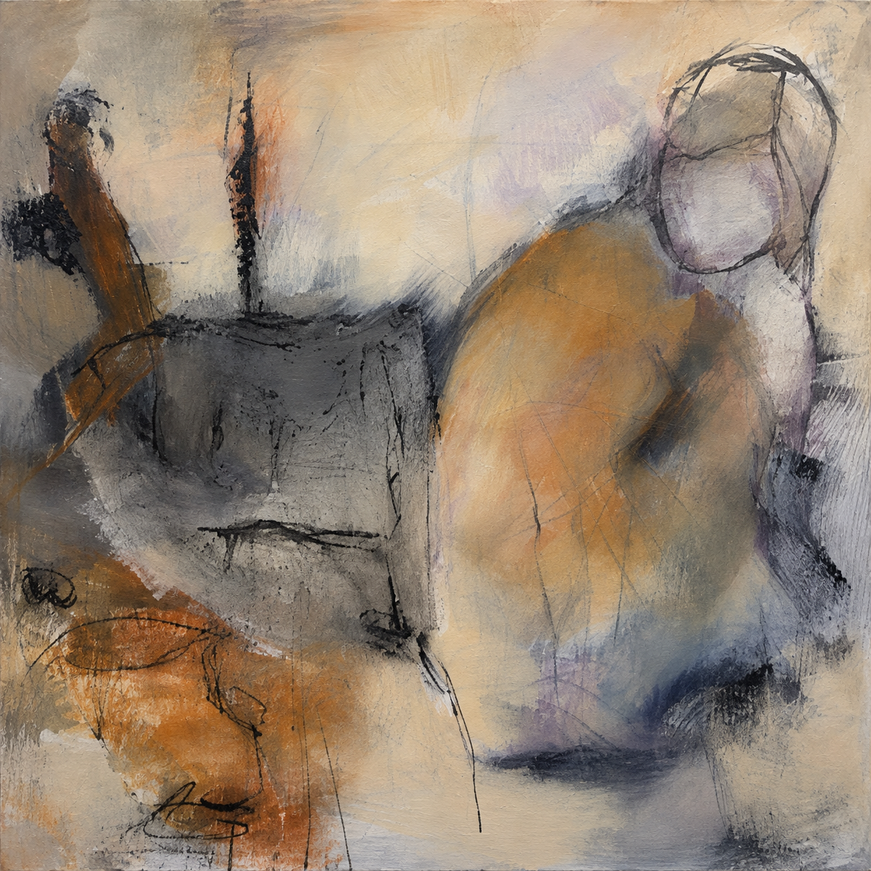 Abstract-figurative painting “The Fragile Child” with a young girl in earthy tones, charcoal and graphite by Danish Artist Anitta Jonas
