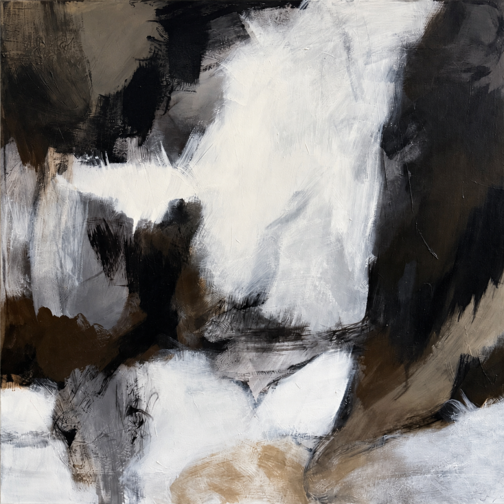 Abstract landscape painting “Beyond the Valley” in earthy tones, black and white by Danish Artist Anitta Jonas