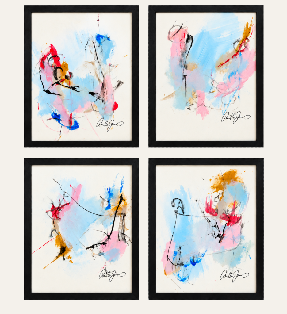 Unspoken Series, four framed abstract acrylic works on paper by Danish Artist Anitta Jonas