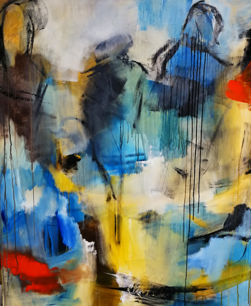 Abstract-figurative painting “Who Turned Their Back on You?” with an unsettled colourful palette and emerging figures by Danish Artist Anitta Jonas