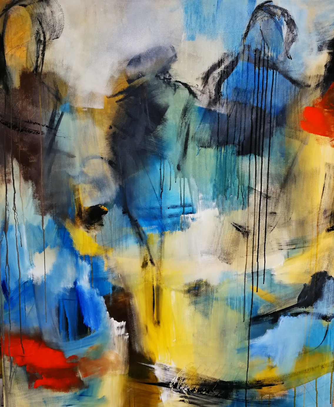 Abstract-figurative painting “Who Turned Their Back on You?” with an unsettled colourful palette and emerging figures by Danish Artist Anitta Jonas
