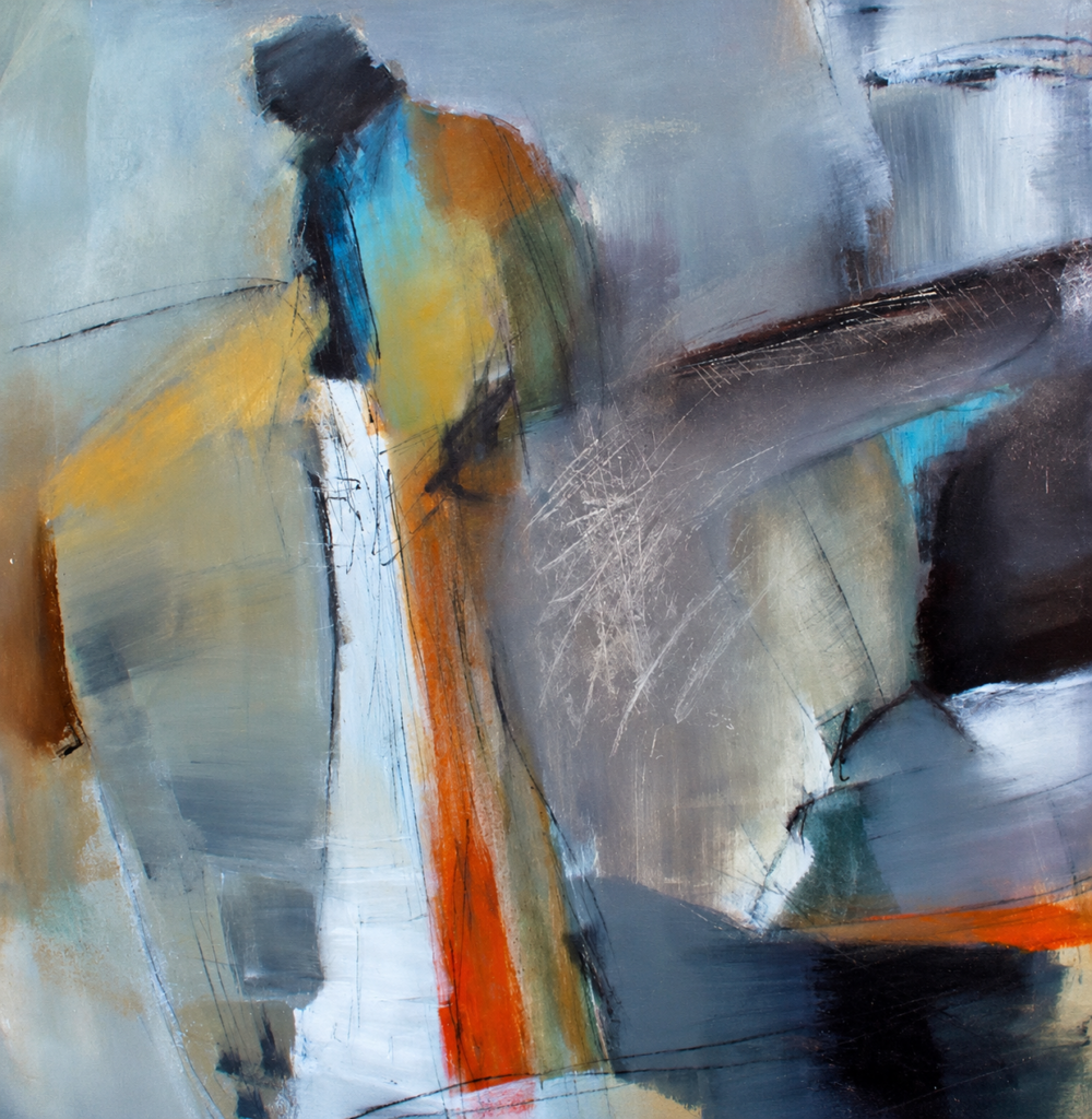 Abstract-figurative painting with a solitary figure in turquoise and ochre against a grey and white surface by Danish Artist Anitta Jonas