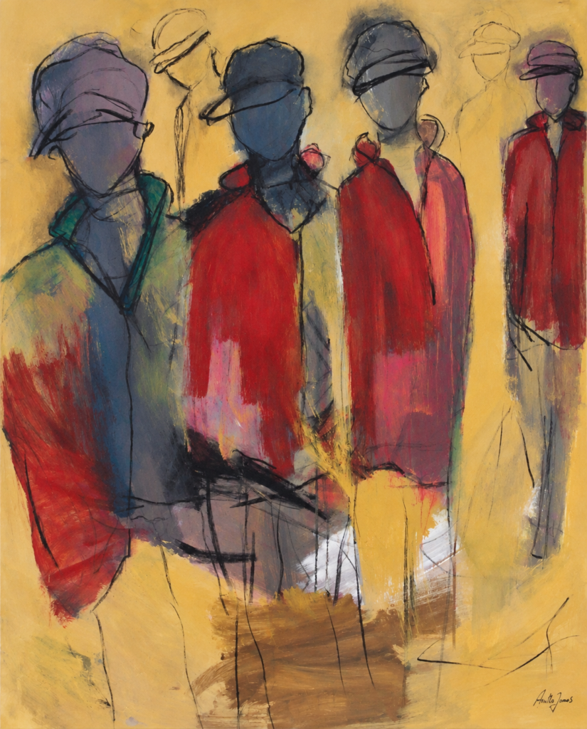 Figurative painting of a group wearing caps and red coats against an ochre yellow background by Danish Artist Anitta Jonas