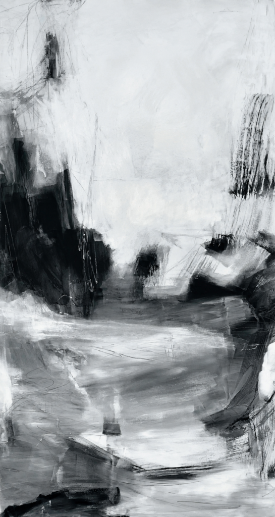Abstract painting “The Crossing” with a limited palette and strong light-dark contrast by Danish Artist Anitta Jonas