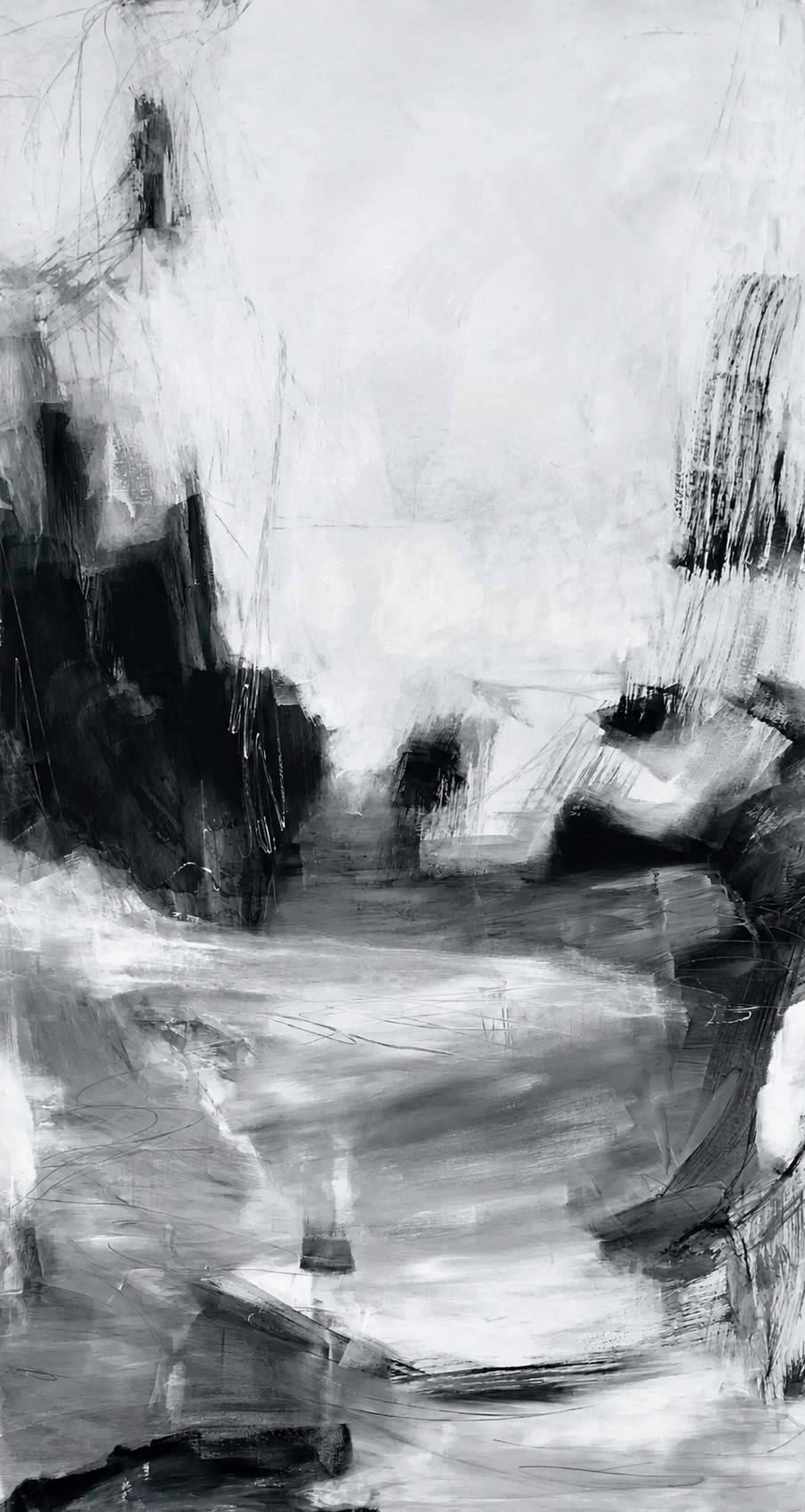 Abstract painting “The Crossing” with a limited palette and strong light-dark contrast by Danish Artist Anitta Jonas