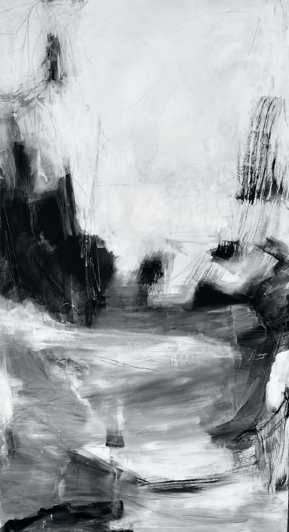 Abstract painting “The Crossing” with a limited palette and strong light-dark contrast by Danish Artist Anitta Jonas