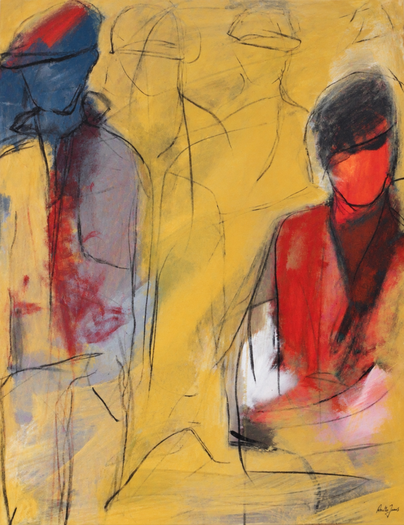 Figurative painting with red and blue figures and loosely outlined silhouettes against a yellow background by Danish Artist Anitta Jonas