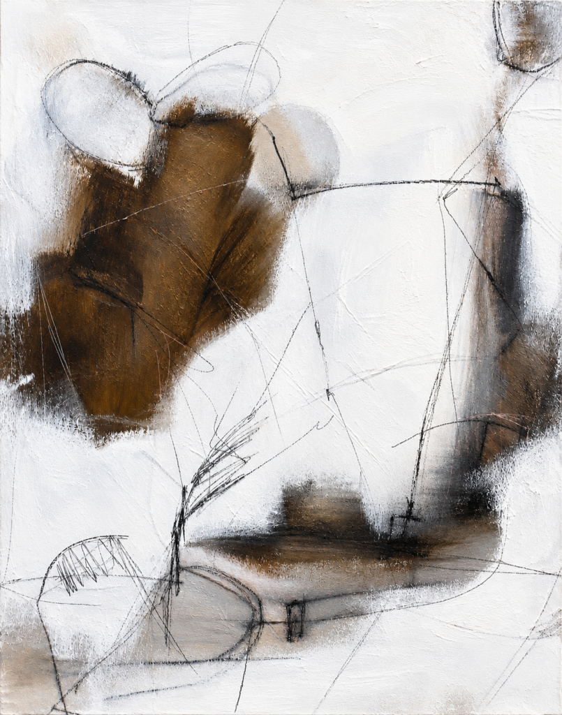 Abstract painting “Between Forms” with soft earthy tones, delicate lines and open space by Danish Artist Anitta Jonas