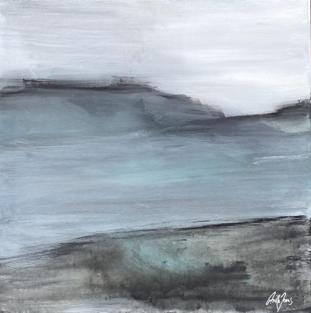 Abstract landscape painting “The Far Hills” in soft blues, greys and dark tones by Danish Artist Anitta Jonas
