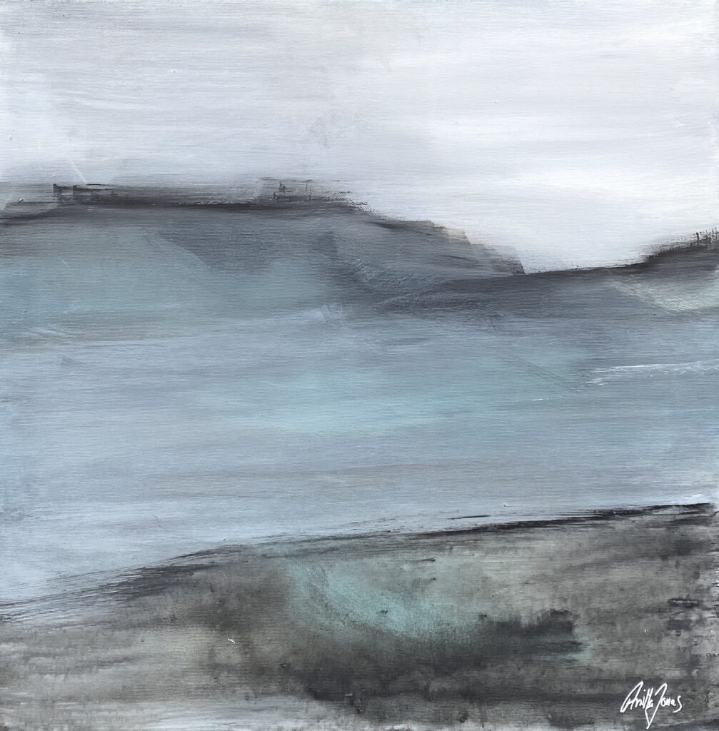 Abstract landscape painting “The Far Hills” in soft blues, greys and dark tones by Danish Artist Anitta Jonas