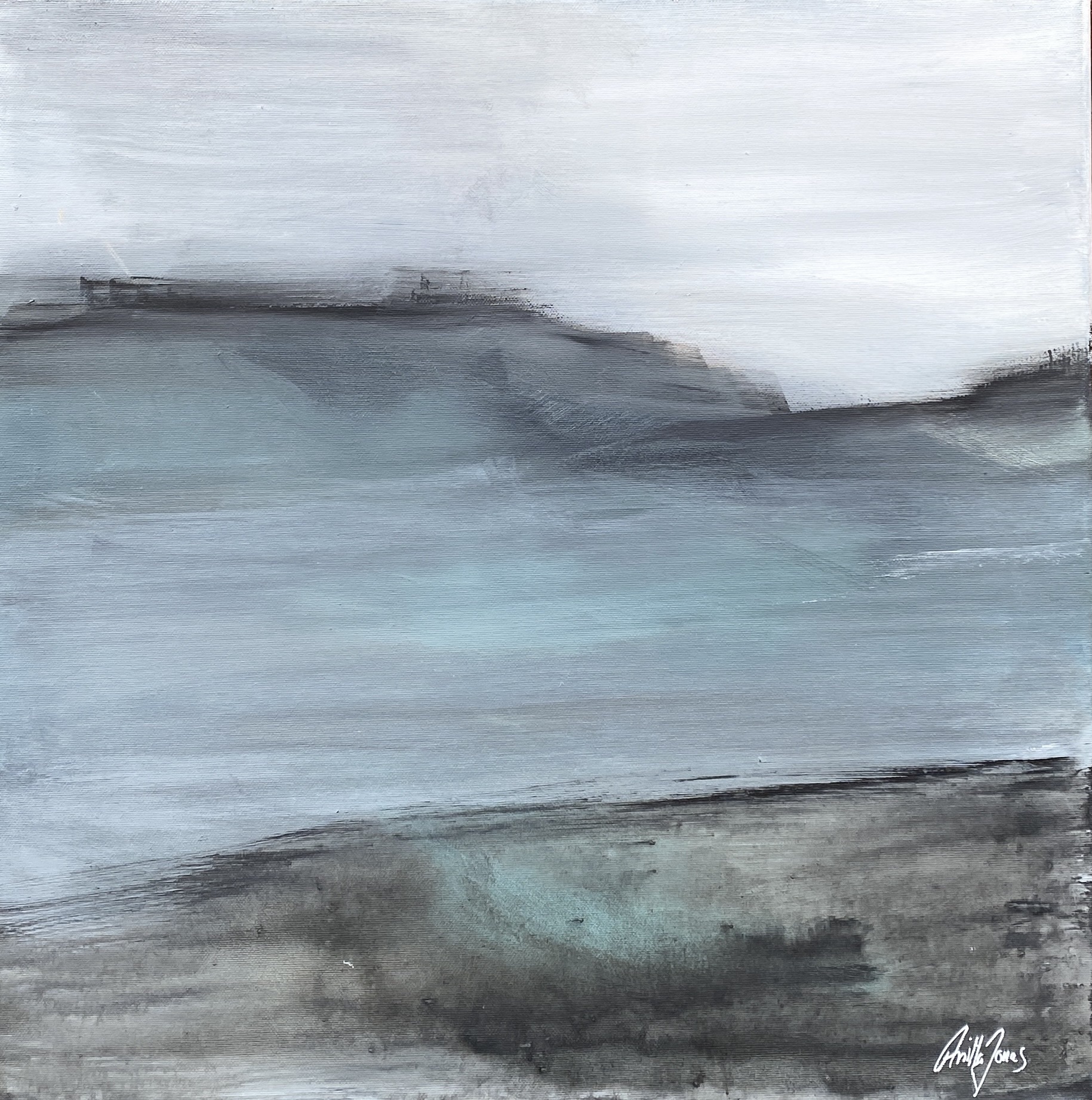 Abstract landscape painting “The Far Hills” in soft blues, greys and dark tones by Danish Artist Anitta Jonas