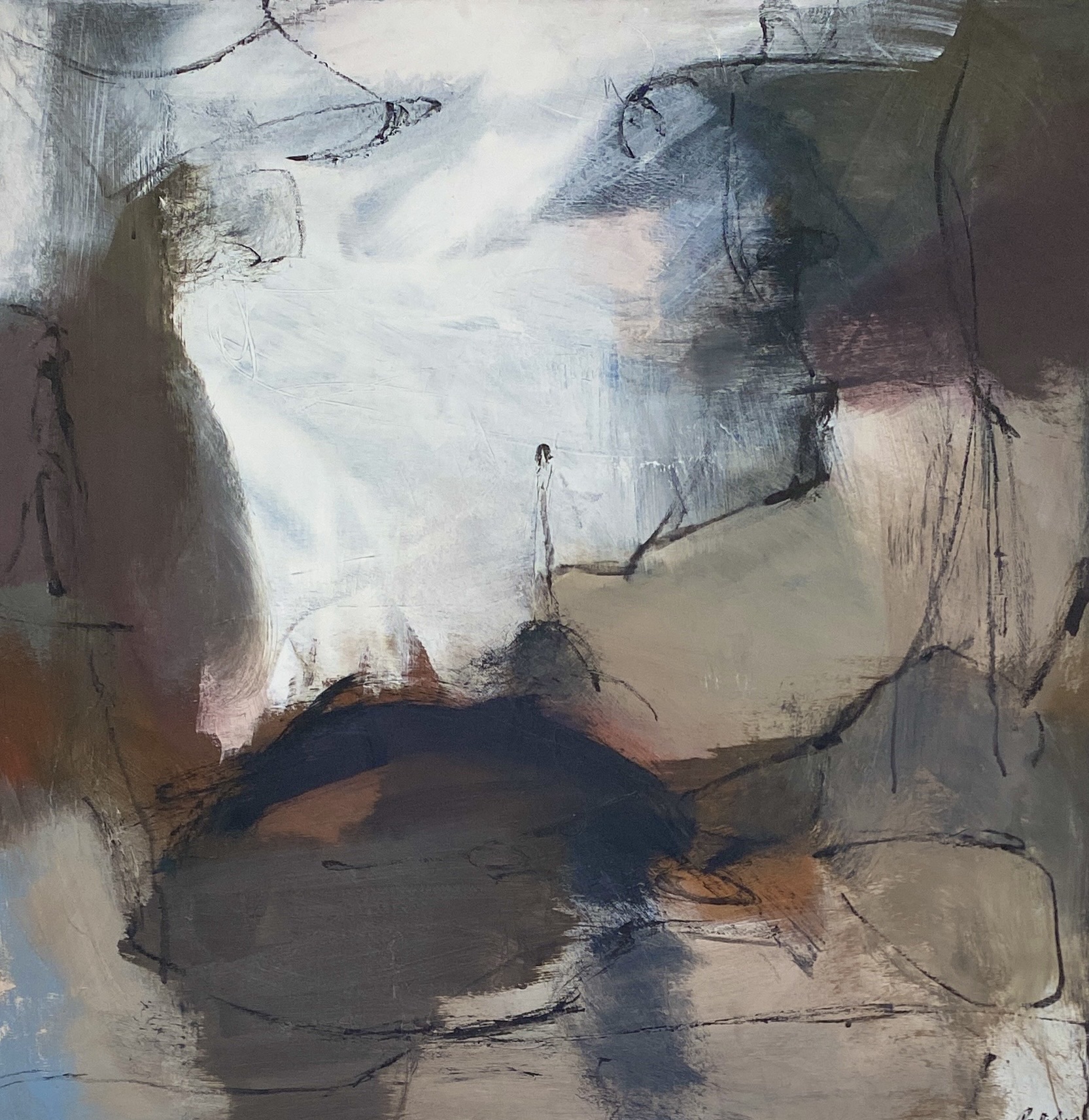 Abstract landscape-like painting “Autumn Whispers” in muted earthy tones with light-dark contrast by Danish Artist Anitta Jonas