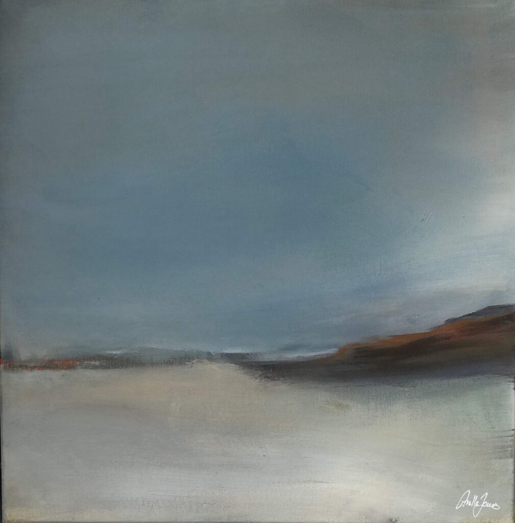 Abstract landscape-like painting “Shore II” with a limited palette and layered atmosphere by Danish Artist Anitta Jonas