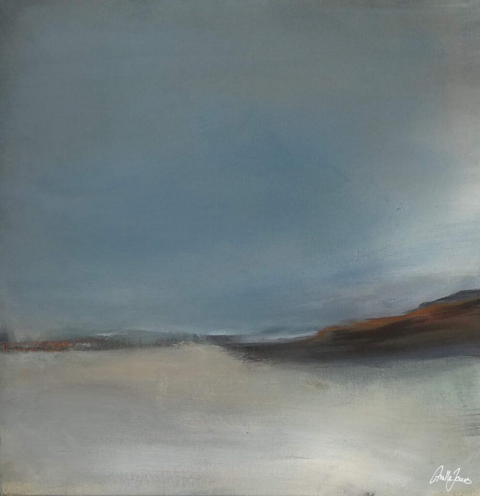 Abstract landscape-like painting “Shore II” with a limited palette and layered atmosphere by Danish Artist Anitta Jonas