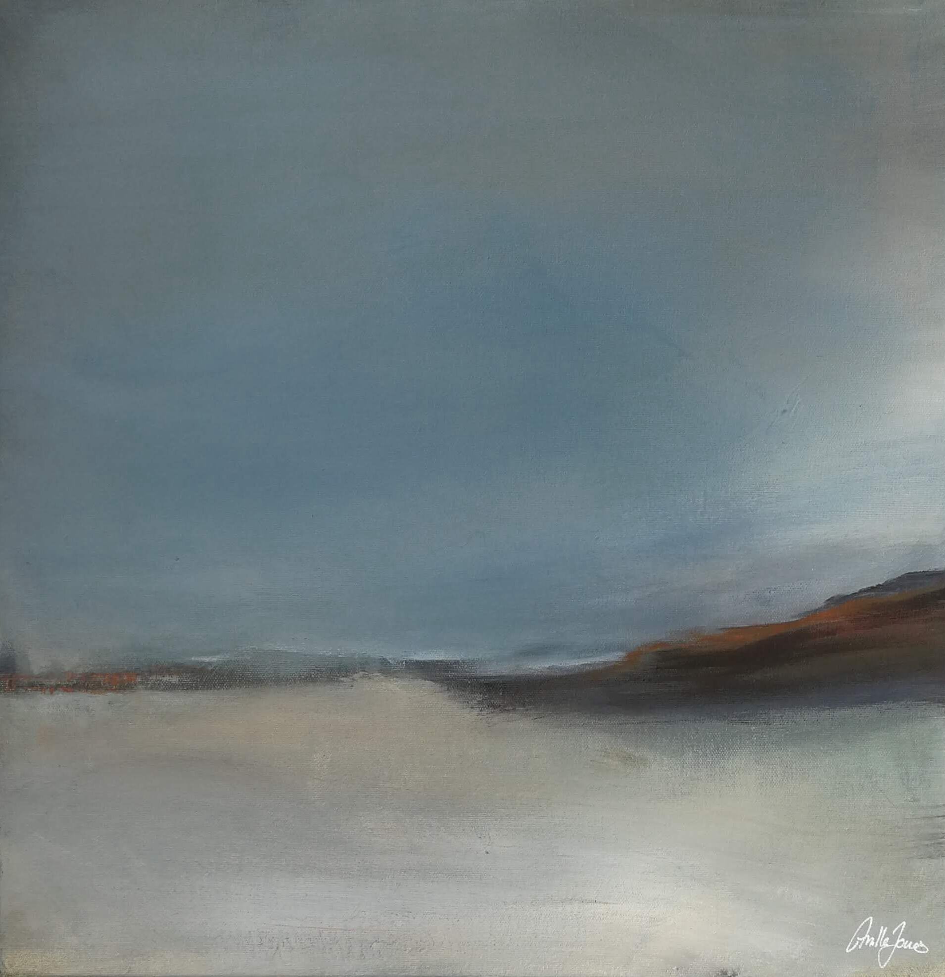 Abstract landscape-like painting “Shore II” with a limited palette and layered atmosphere by Danish Artist Anitta Jonas