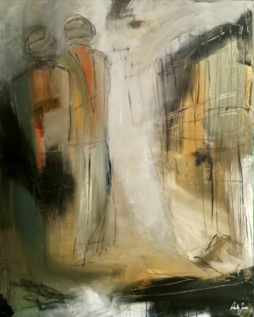 Abstract-figurative painting “Rejected” with two figures turned away by Danish Artist Anitta Jonas