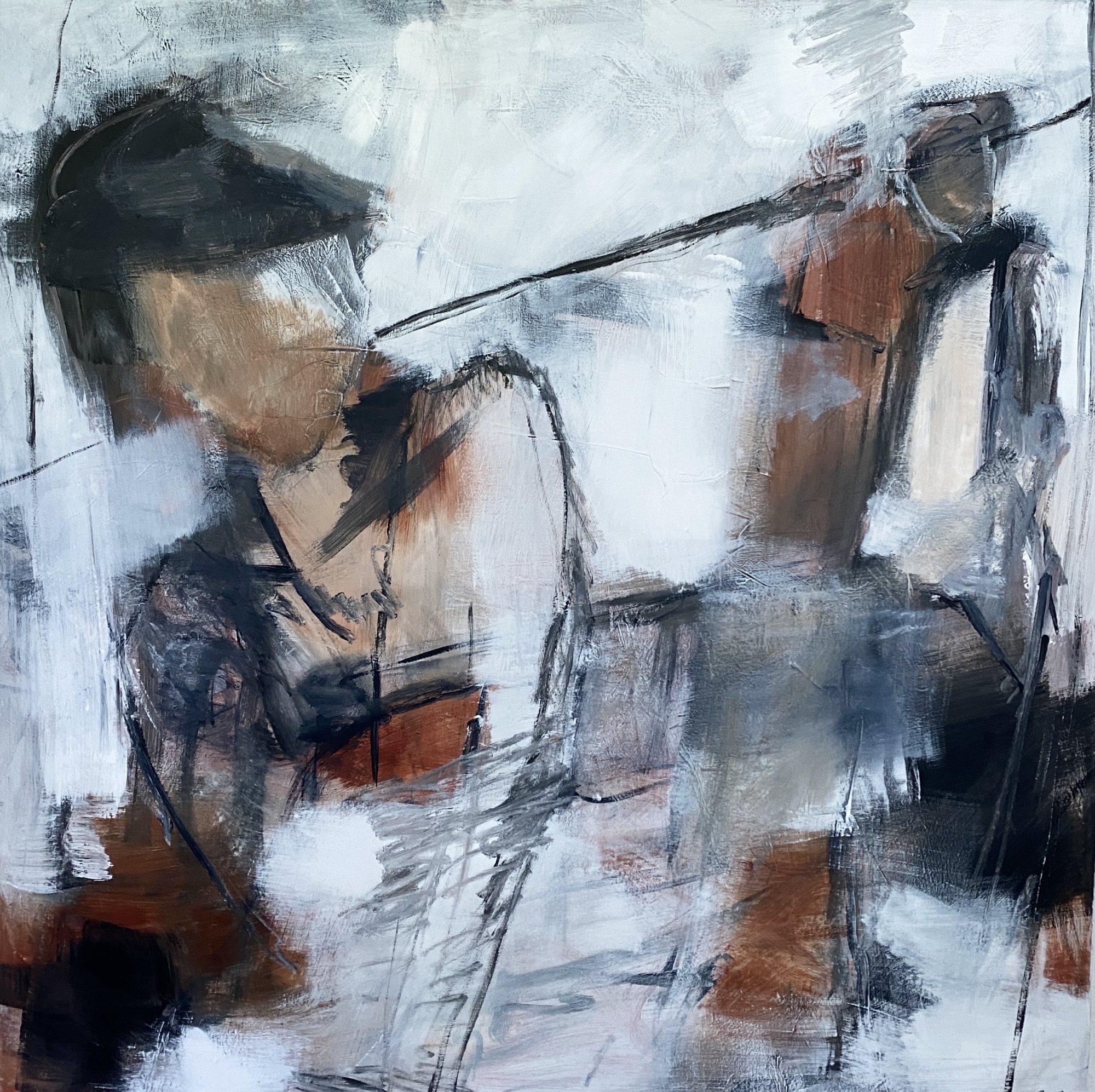 Abstract-figurative painting “The Japanese Woman” with merging figures and a limited palette by Danish Artist Anitta Jonas