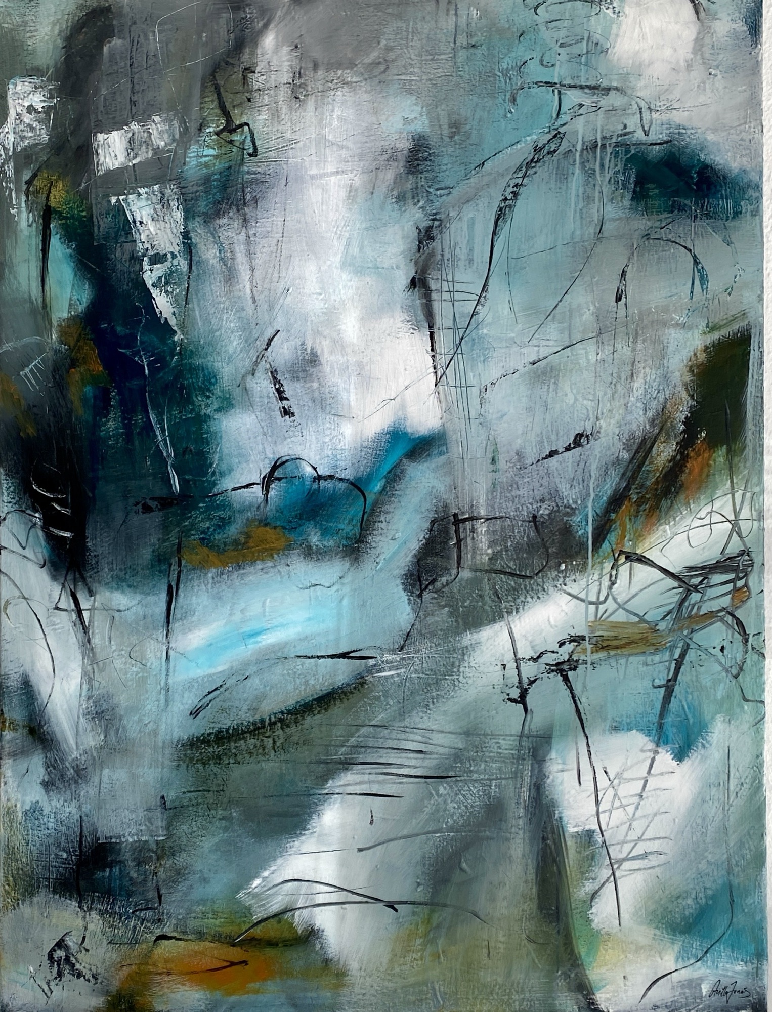 Abstract painting “Under the Surface” with layered turquoise, muted green and dark tones by Danish Artist Anitta Jonas
